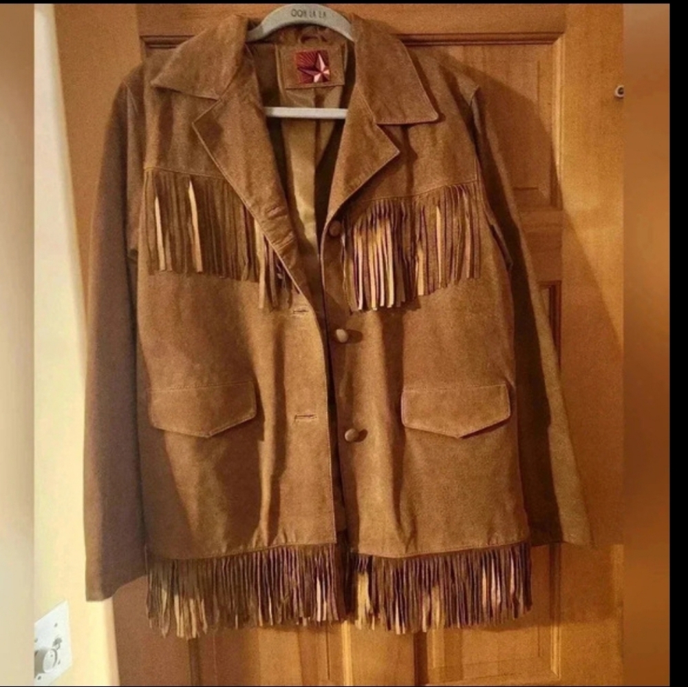LONESTAR Western Fringe Suede Leather Tan Jacket Women's Sz L Like New - Picture 3 of 3